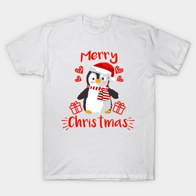 Merry Christmas Cute Baby Penguin Red and White T-Shirt by dnlribeiro88